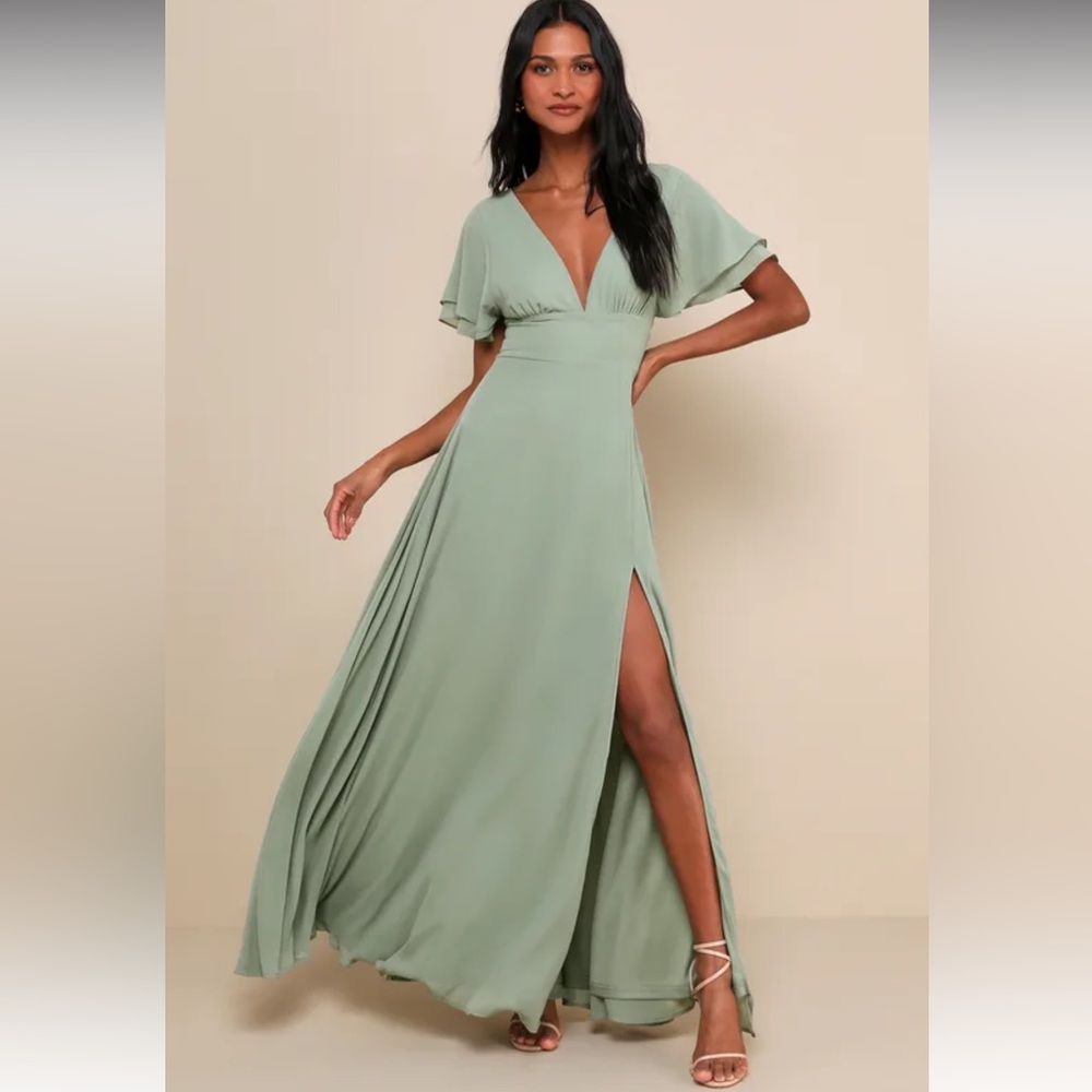 Lulus Promise Of Love Sage Brush Flutter Sleeve Maxi Dress
